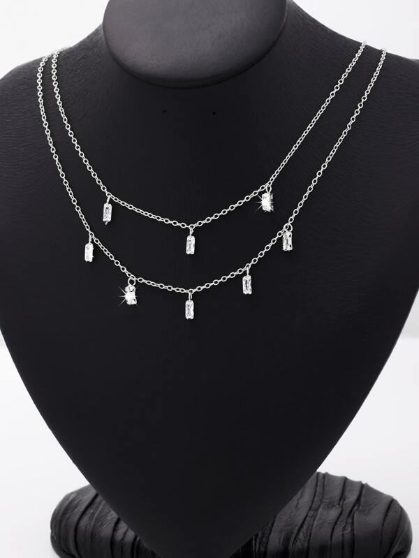 Cubic Zirconia Decor Layered Chain Necklace