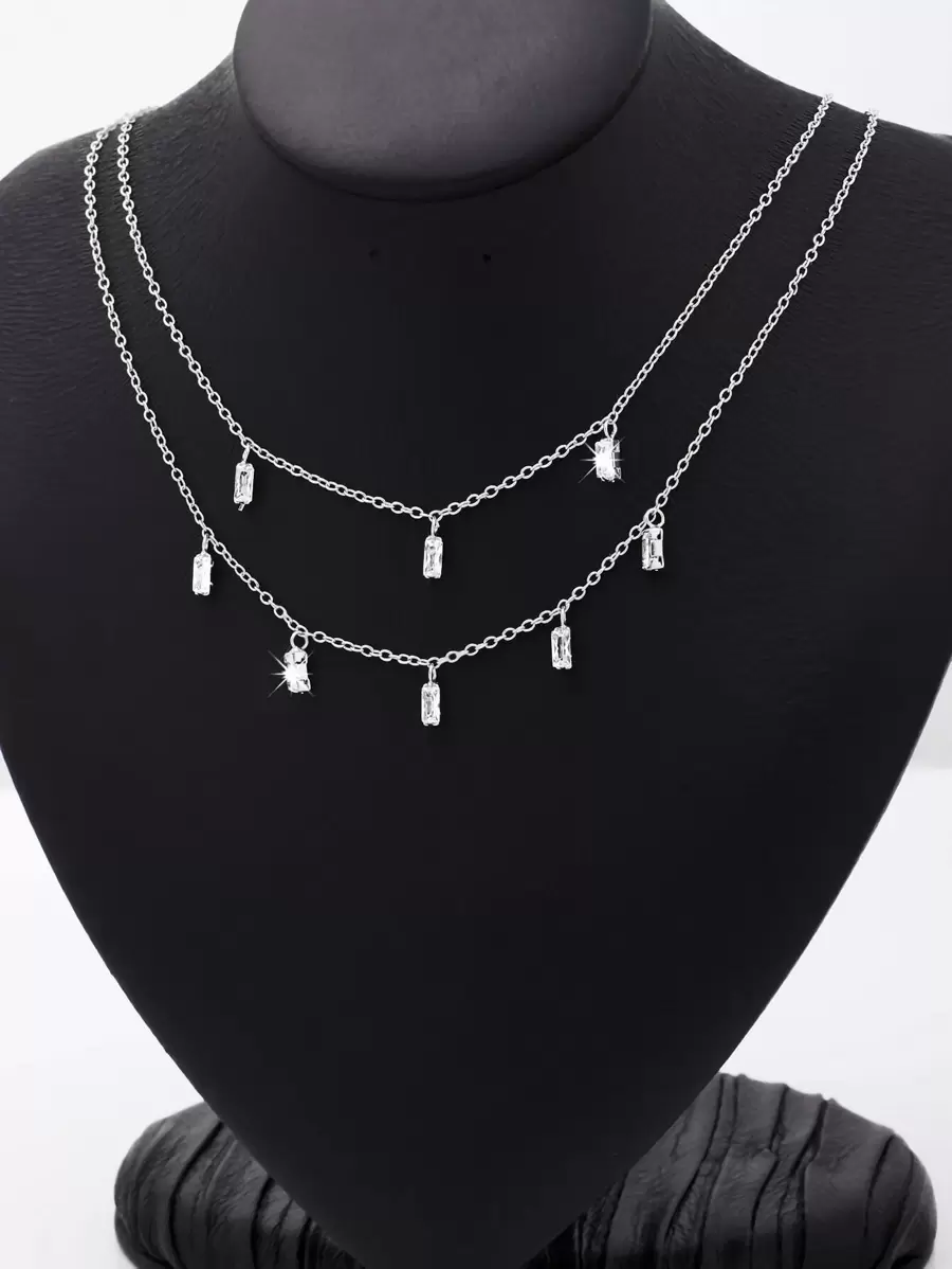 Cubic Zirconia Decor Layered Chain Necklace
