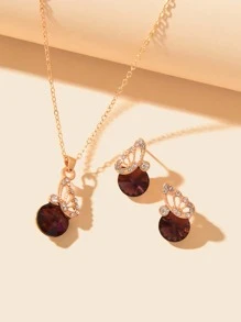 3入組水鑽蝴蝶裝飾首飾套裝 - 酒紅色 - 查看 3