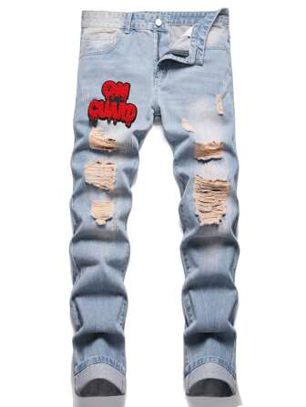 Men Letter Patched Ripped Frayed Jeans