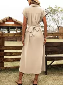 SHEIN Clasi Twist Front Batwing Sleeve Shirt Dress - Khaki - View 2