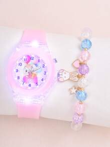 Đồng hồ đeo tay thạch anh mặt in hình thỏ 1 cái cho trẻ em và vòng đeo tay 1 cái - Hồng - Xem 2