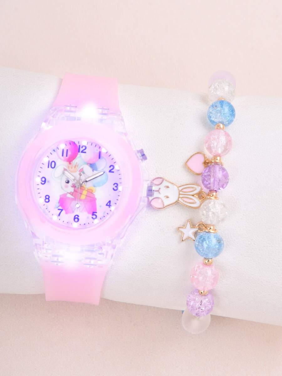 Đồng hồ đeo tay thạch anh mặt in hình thỏ 1 cái cho trẻ em và vòng đeo tay 1 cái