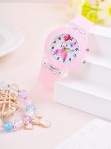 Đồng hồ đeo tay thạch anh mặt in hình thỏ 1 cái cho trẻ em và vòng đeo tay 1 cái - Hồng - Xem 4
