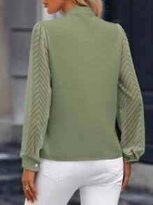 EMERY ROSE Notched Neckline Contrast Mesh Shirt,Long Sleeve Tops Fall Cloth For Women - Army Green - View 2