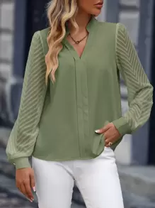EMERY ROSE Notched Neckline Contrast Mesh Shirt,Long Sleeve Tops Fall Cloth For Women - Army Green - View 5