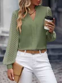 EMERY ROSE Notched Neckline Contrast Mesh Shirt,Long Sleeve Tops Fall Cloth For Women - Army Green - View 6