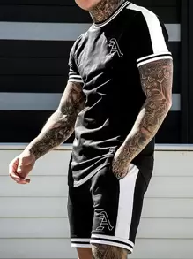 Manfinity Homme 男士字母圖案拼接側邊接縫T恤和短褲 - 黑色 - 查看 1