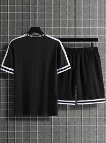 Manfinity Homme 男士字母圖案拼接側邊接縫T恤和短褲 - 黑色 - 查看 2