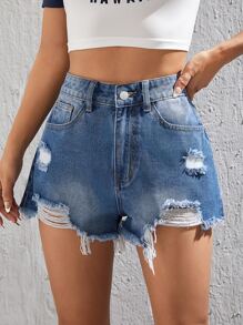 SHEIN Ripped Raw Hem Denim Shorts - Medium Wash - View 1