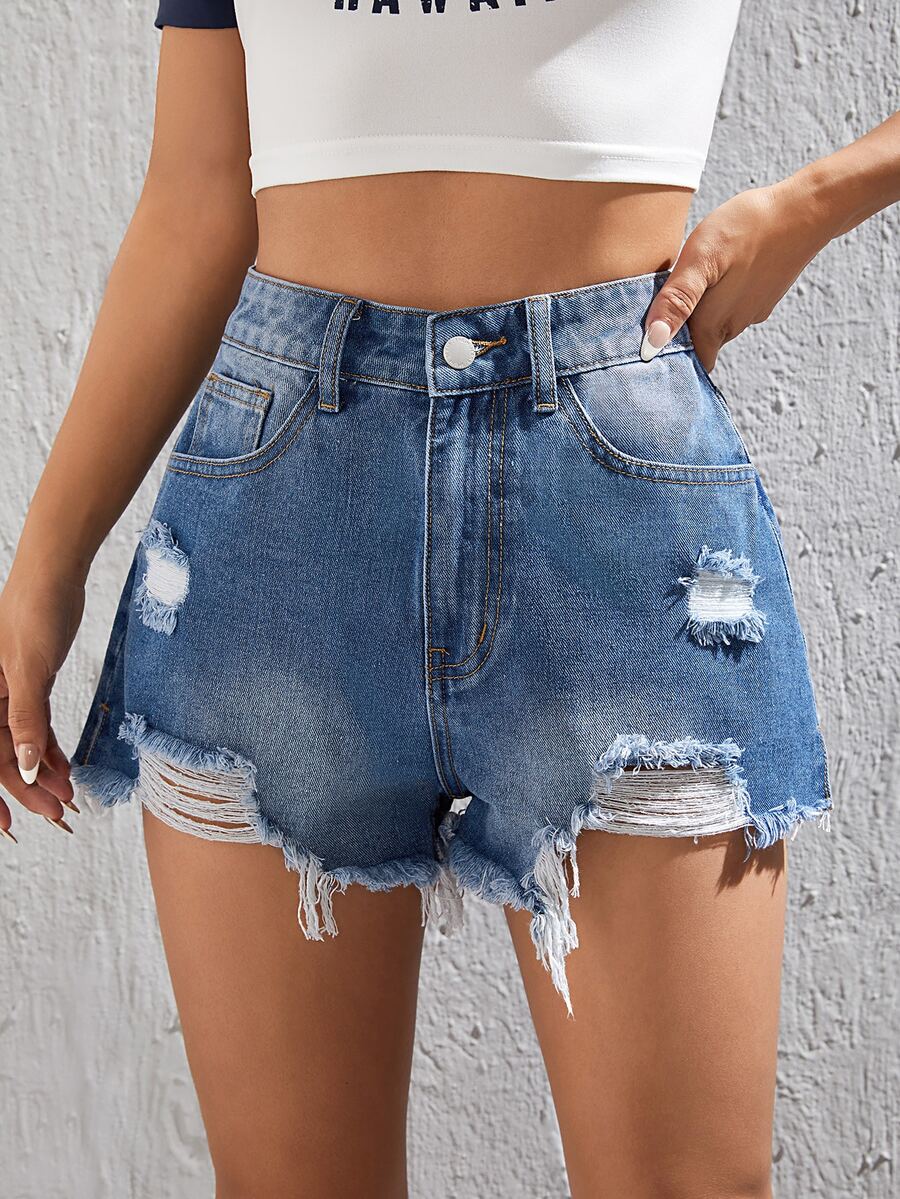 SHEIN Ripped Raw Hem Denim Shorts - Medium Wash - View 1