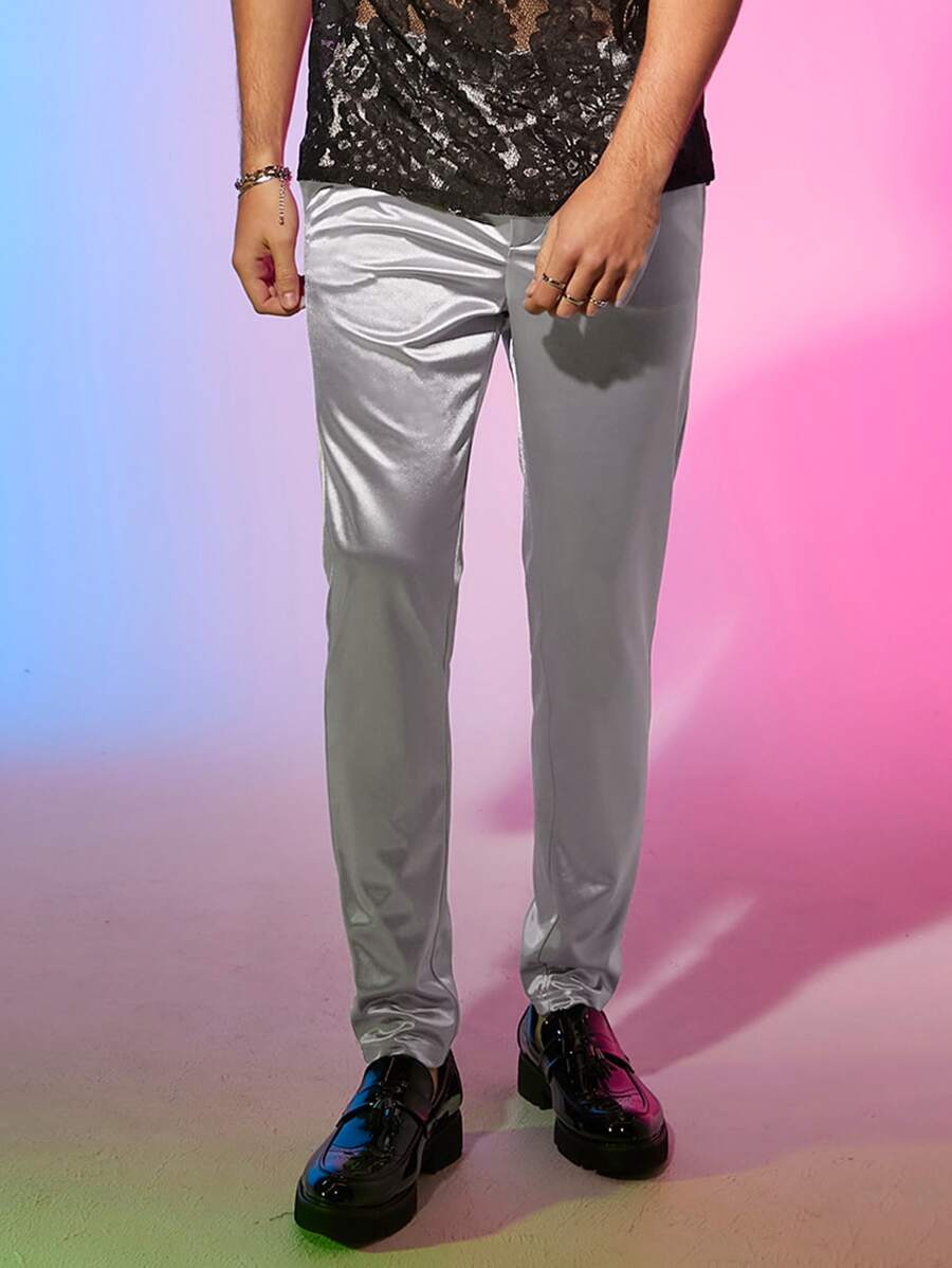 Manfinity Men Solid Straight Leg Satin Trousers - Silver - View 1