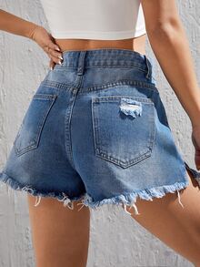 SHEIN Ripped Raw Hem Denim Shorts - Medium Wash - View 2