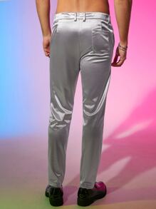 Manfinity Men Solid Straight Leg Satin Trousers - Silver - View 2