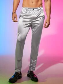 Manfinity Men Solid Straight Leg Satin Trousers - Silver - View 3
