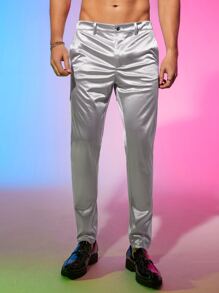 Manfinity Men Solid Straight Leg Satin Trousers - Silver - View 6