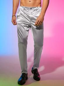 Manfinity Men Solid Straight Leg Satin Trousers - Silver - View 7