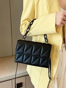 Bolsa cuadrada pequeño con cadena con tira minimalista unicolor negro - Negro - Ver 2