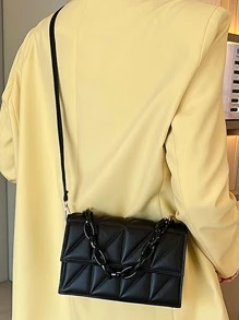 Bolsa cuadrada pequeño con cadena con tira minimalista unicolor negro - Negro - Ver 3