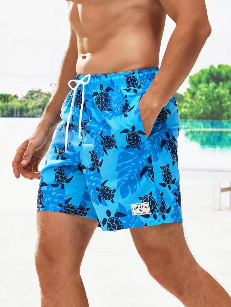 Surfspeed Men Animal Print Drawstring Waist Swim Trunks - Blue - View 1