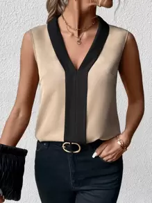 SHEIN Clasi Contrast Trim Sleeveless Blouse - Khaki - View 1