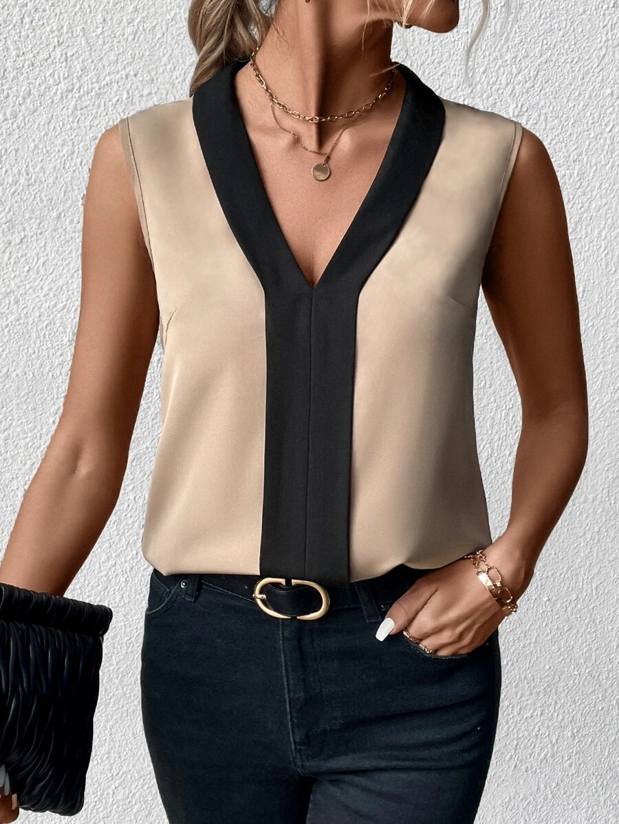 SHEIN Clasi Contrast Trim Sleeveless Blouse - Khaki - View 1