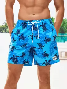 Surfspeed Men Animal Print Drawstring Waist Swim Trunks - Blue - View 6