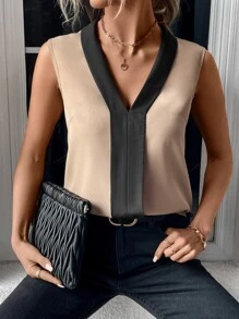 SHEIN Clasi Contrast Trim Sleeveless Blouse - Khaki - View 4