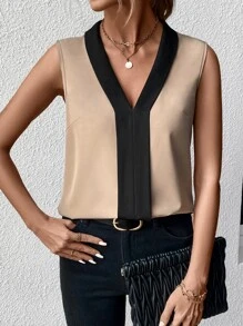 SHEIN Clasi Contrast Trim Sleeveless Blouse - Khaki - View 6