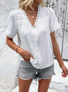 Breezaya Swiss Dot Guipure Lace Trim Blouse - White - View 6