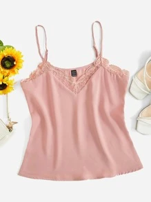 SHEIN Frenchy Contrast Guipure Lace Cami Top - Dusty Pink - View 1