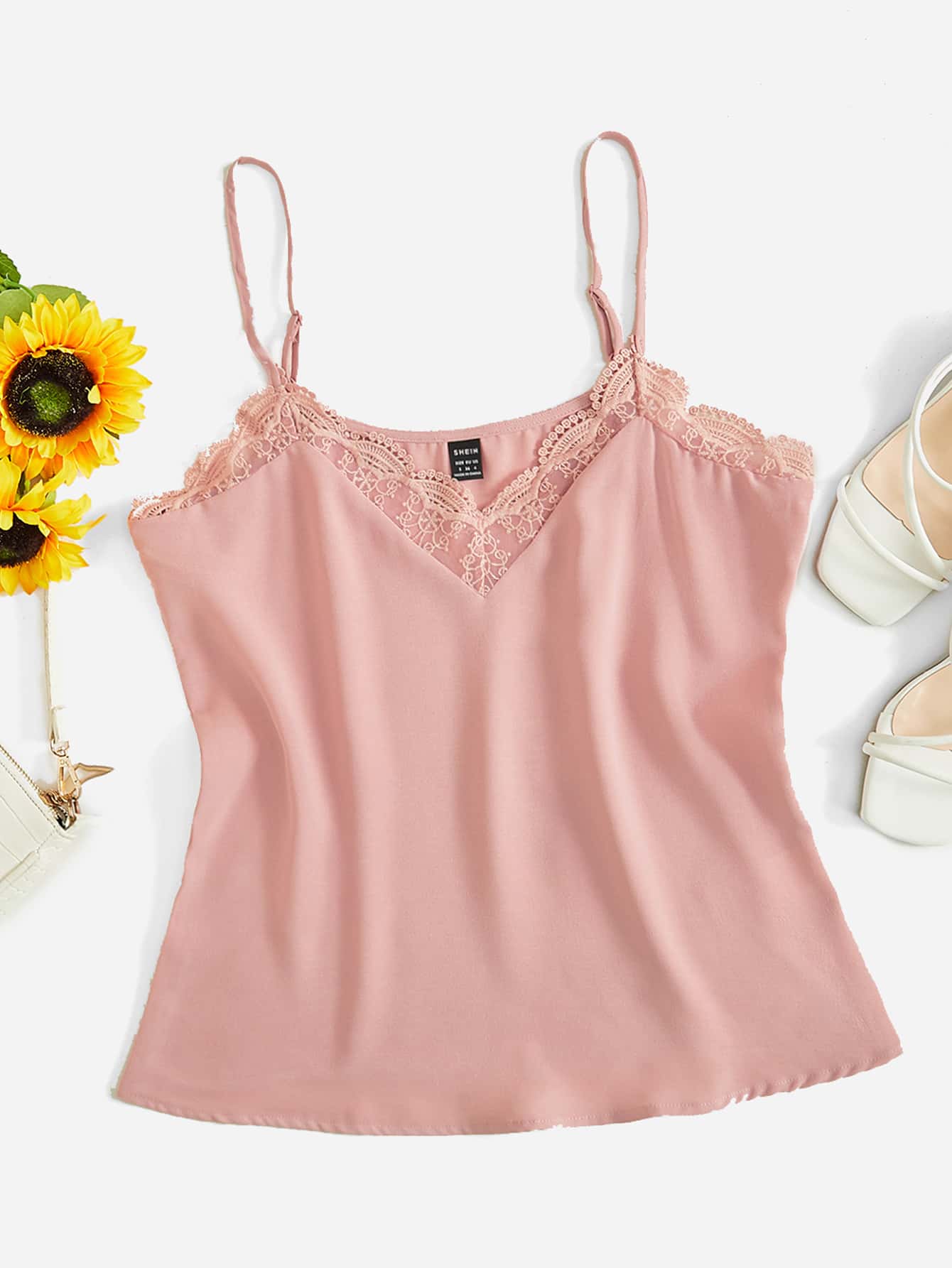 SHEIN Frenchy Contrast Guipure Lace Cami Top - Dusty Pink - View 1