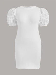 SHEIN Privé 大碼小高領泡泡袖緊身洋裝 - 白色 - 查看 1