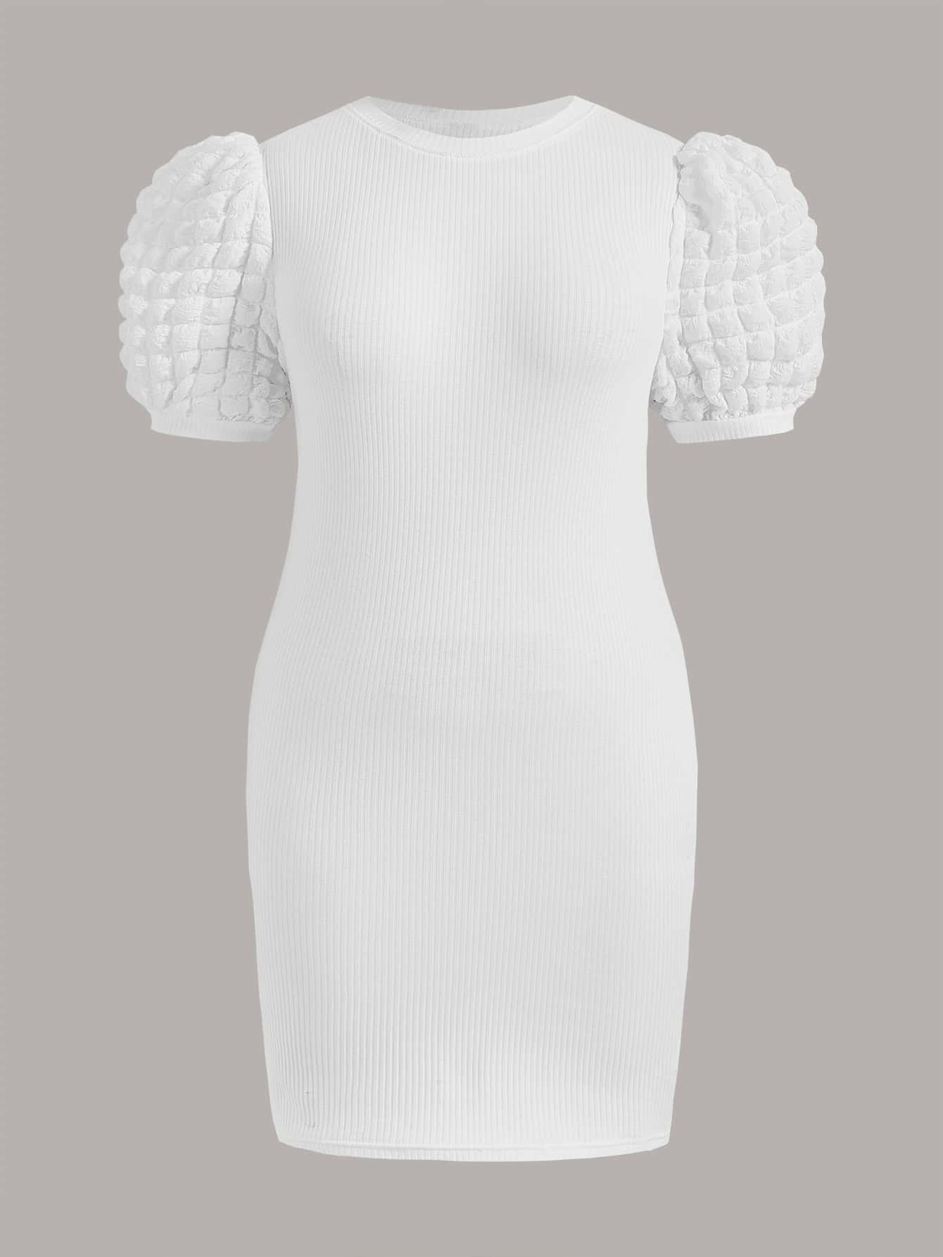 SHEIN Privé 大碼小高領泡泡袖緊身洋裝 - 白色 - 查看 1