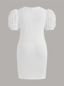 SHEIN Privé 大碼小高領泡泡袖緊身洋裝 - 白色 - 查看 2