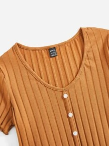 SHEIN Qutie Button Up Rib-knit Crop Top - Brown - View 3