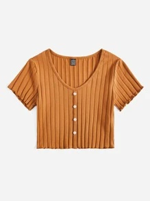 SHEIN Qutie Button Up Rib-knit Crop Top - Brown - View 4