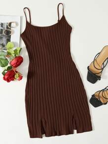 SHEIN Essnce Plus Solid Rib-knit M-Slit Bodycon Dress - Chocolate Brown - View 1