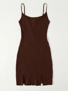 SHEIN Essnce Plus Solid Rib-knit M-Slit Bodycon Dress - Chocolate Brown - View 3
