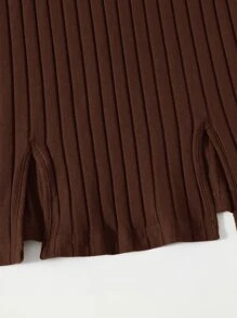 SHEIN Essnce Plus Solid Rib-knit M-Slit Bodycon Dress - Chocolate Brown - View 5