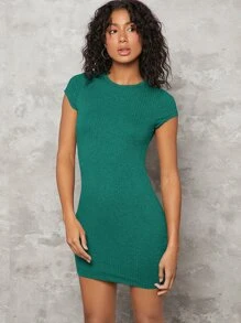 SHEIN BASICS Vestido Sólido De Punto A Rayas Ajustado Al Cuerpo - Verde - Ver 4