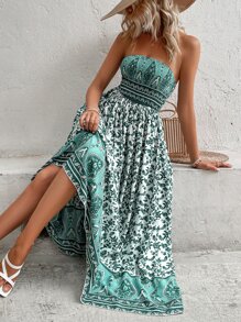 Breezaya Allover Print Shirred Detail Tube Dress - White - View 1