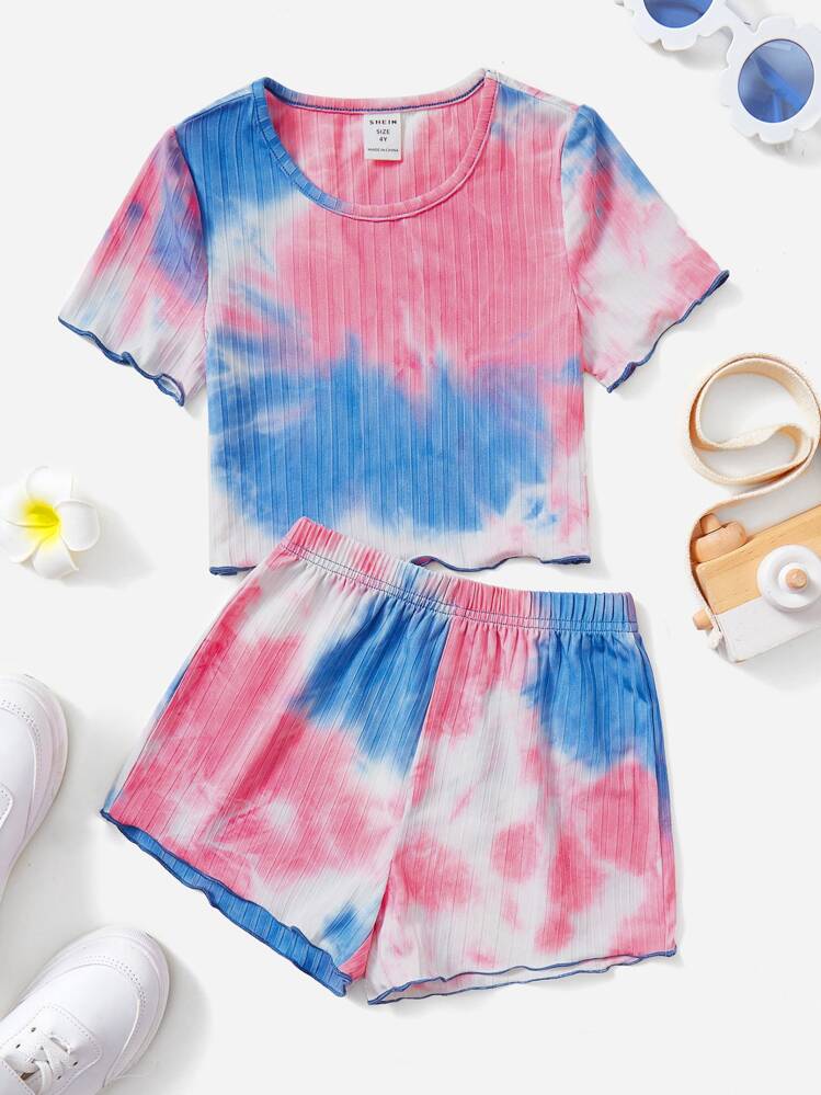 SHEIN Toddler Girls Tie Dye Lettuce Trim Tee & Shorts - Multicolor - View 1