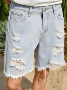 Manfinity EMRG Hombres Shorts mezclilla desgarro bajo crudo algodón - Lavado ligero - Ver 1