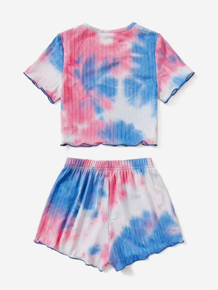SHEIN Toddler Girls Tie Dye Lettuce Trim Tee & Shorts - Multicolor - View 2