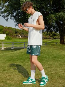 Manfinity 寬鬆版型男士灰染束口腰短褲 - 綠色 - 查看 3