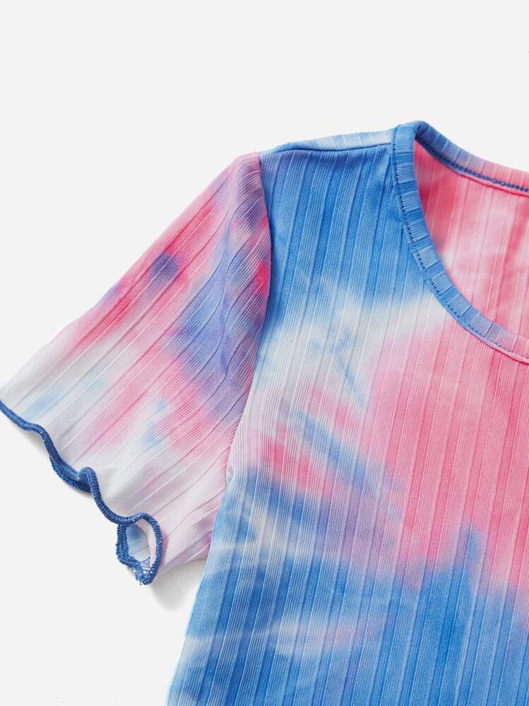 SHEIN Toddler Girls Tie Dye Lettuce Trim Tee & Shorts - Multicolor - View 3
