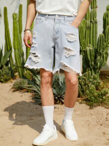 Manfinity EMRG Hombres Shorts mezclilla desgarro bajo crudo algodón - Lavado ligero - Ver 3