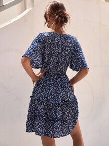SHEIN VCAY Ditsy Floral Print Butterfly Sleeve Ruffle Hem Dress - Blue - View 2