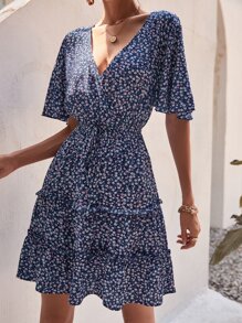 SHEIN VCAY Ditsy Floral Print Butterfly Sleeve Ruffle Hem Dress - Blue - View 4